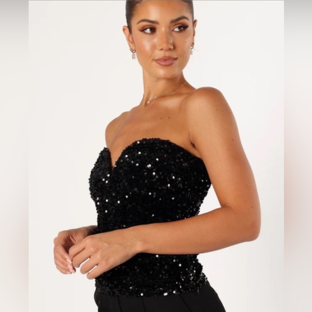 Black Sequinned Deep-Plunge Strapless Bodysuit Small - Picture 2 of 12